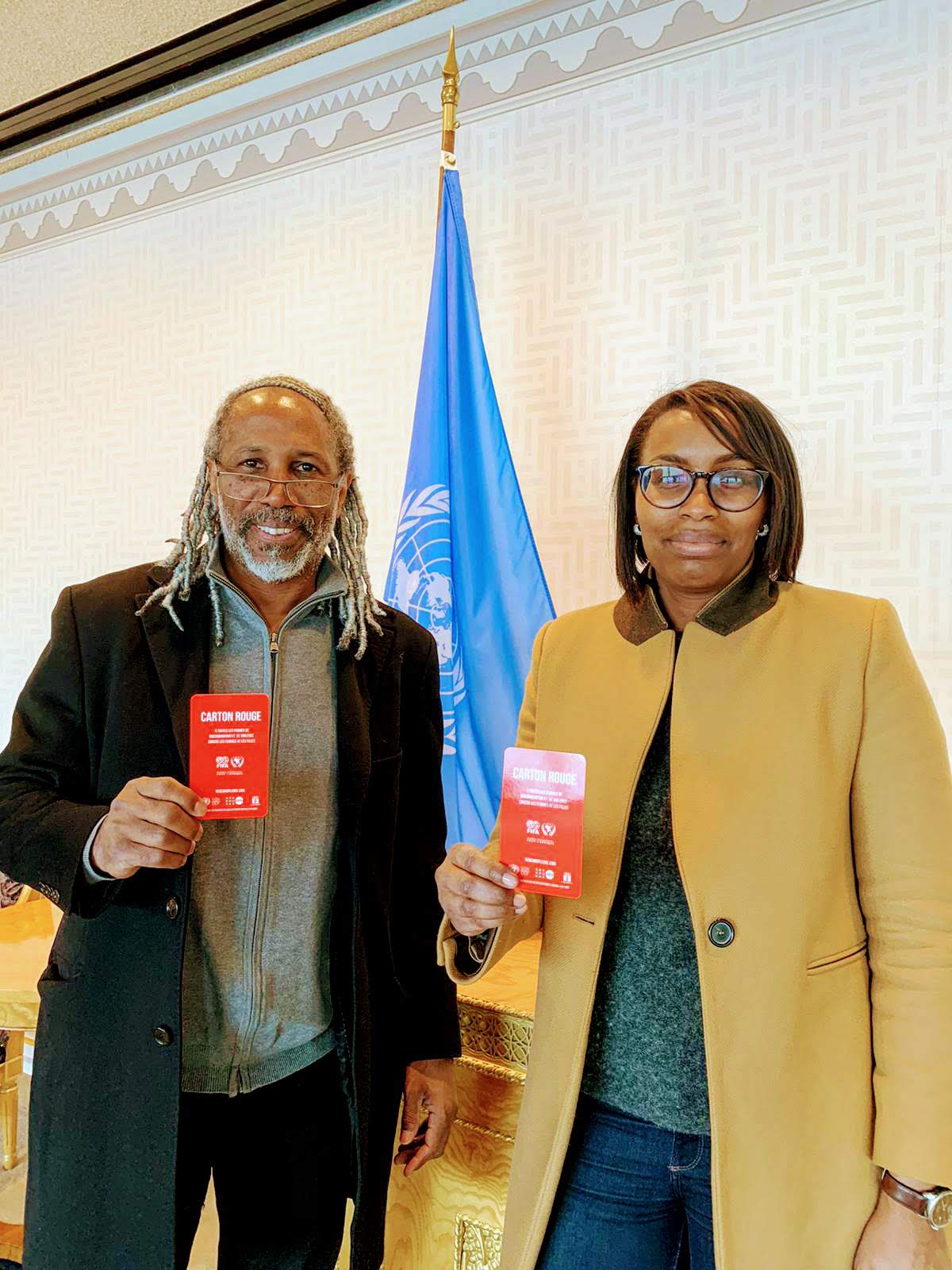 Lancement mondial de la campagne "Red Card / Carton Rouge" au siège des Nations Unis à New York le 6 mars 2020 avec Jimmy Adjovi Boco_Cabinet Monlouis